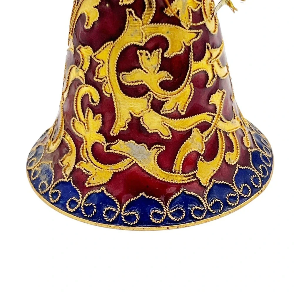 2 VTG Cloisonné Enamel Bell Ornaments Red & Gold Floral Scrollwork Gilt Brass 3